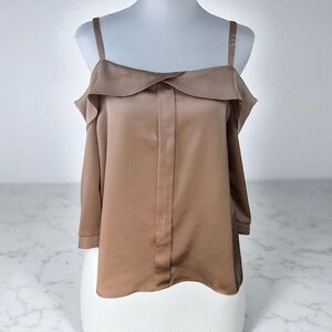 Elodie Women Camisole Sz L Satin Brown Spaghetti Straps Cold Shoulder 3/4 sleeve